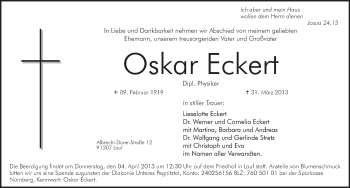 Traueranzeige von Oskar Eckert von Pegnitz-Zeitung